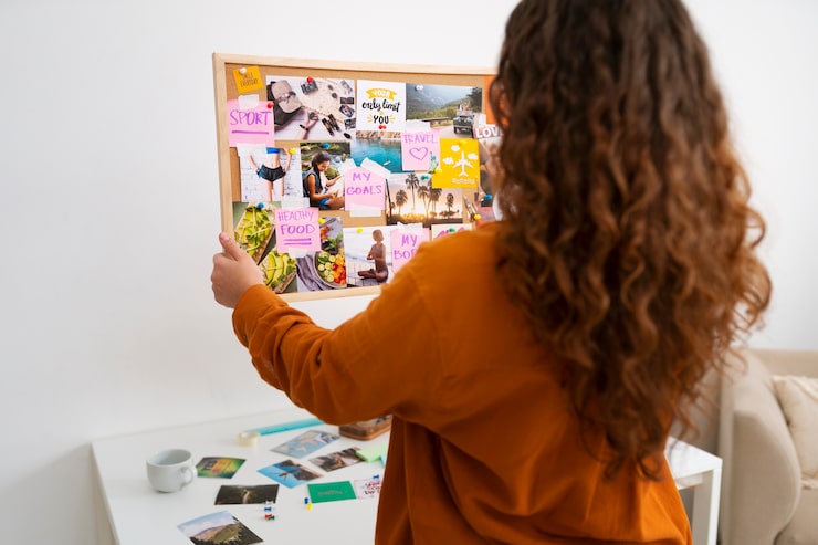 Foto grátis mulher de tiro médio criando quadro de visão inspirador