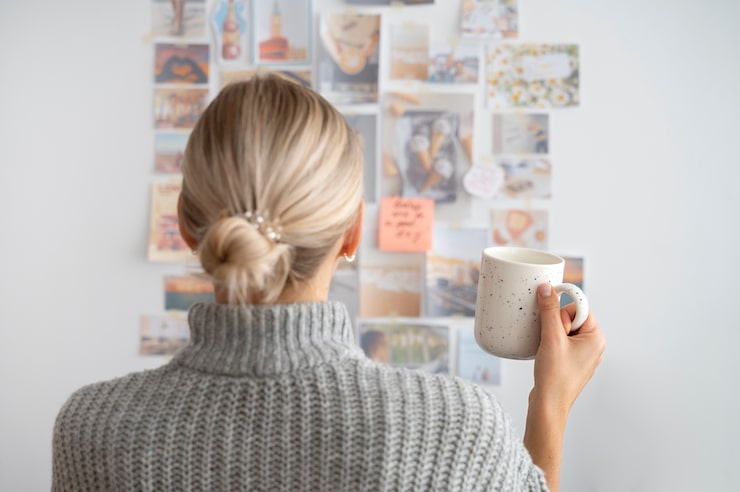 Foto grátis mulher segurando a vista traseira da xícara de café
