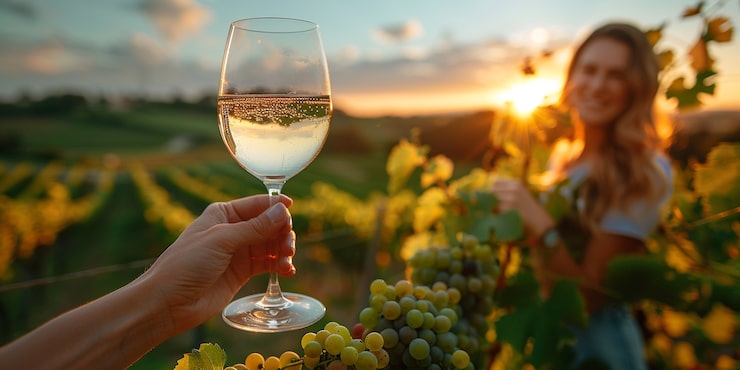 Foto grátis pessoas desfrutando de um copo de vinho em uma vinha com uma paisagem natural deslumbrante