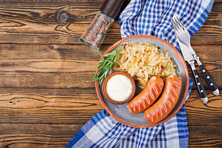 Foto grátis prato de salsichas e chucrute na mesa de madeira. menu tradicional da oktoberfest. postura plana. vista do topo.