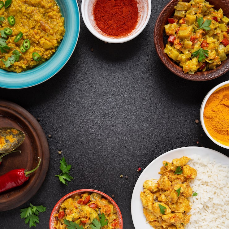 Foto grátis quadro de comida indiana circular com cópia-espaço