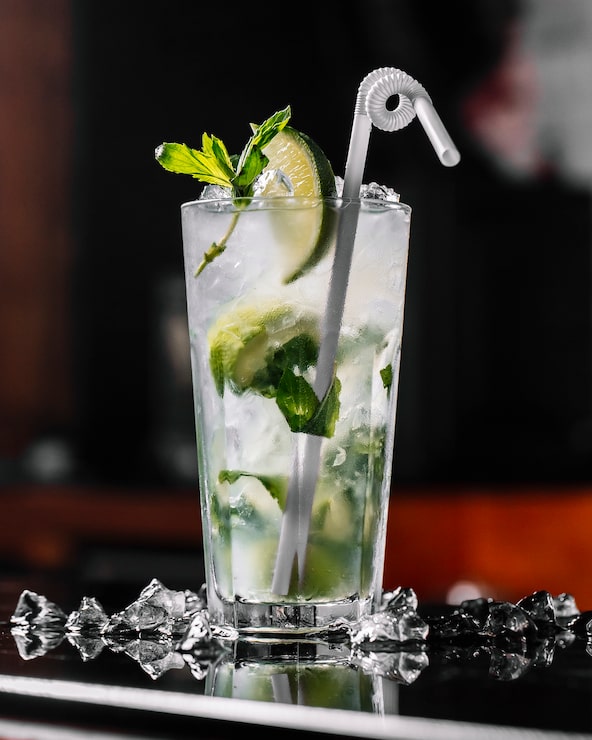 Foto grátis rum de coquetel mojito de vista lateral com gelo de limão menta e palha no copo
