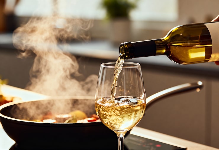 Foto grátis servindo vinho em uma taça enquanto cozinha