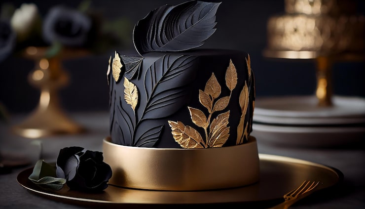 Foto grátis um bolo preto com folhas douradas e um topper preto