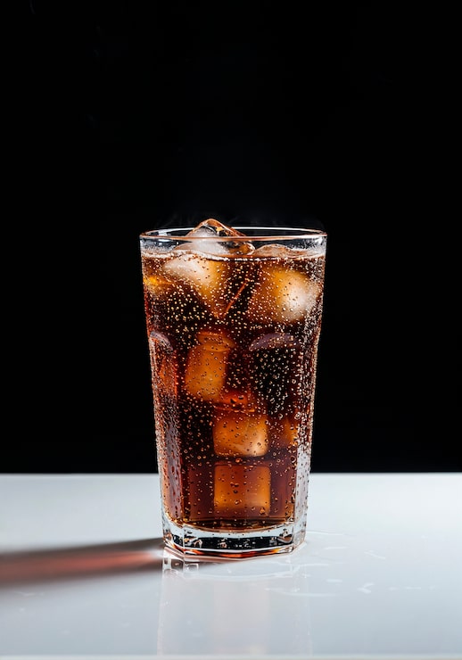 Foto grátis um copo de cola com cubos de gelo.