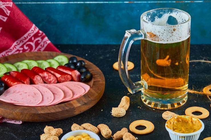 Foto grátis um prato de salsichas e um copo de cerveja na mesa escura.