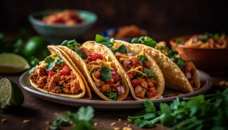 Foto grátis um prato de tacos com uma pilha de tacos ao lado