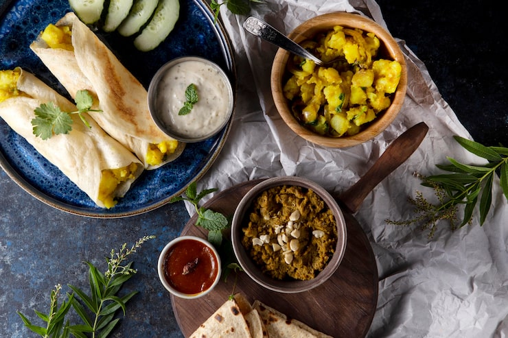 Foto grátis uma variedade nutritiva de dosa indiana