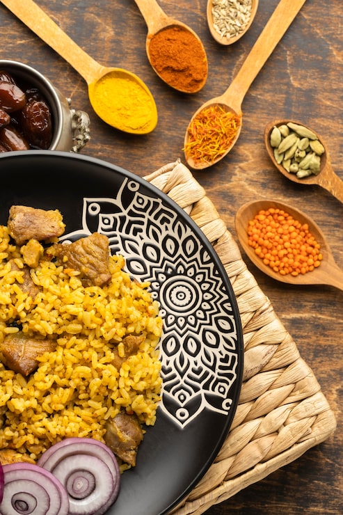 Foto grátis vista superior de comida e especiarias indianas