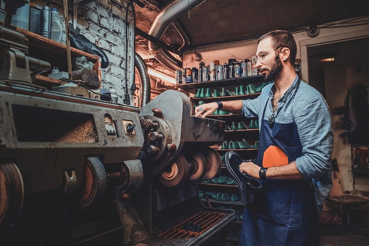Kostenlose Foto bärtiger schuhmacher mit brille stellt mit einer speziellen maschine ein neues paar schuhe her.