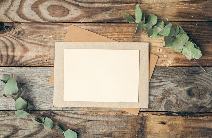 Kostenlose Foto blankes papier und umschlag auf hölzern hintergrund mit eukalyptuszweigen flach gelegt