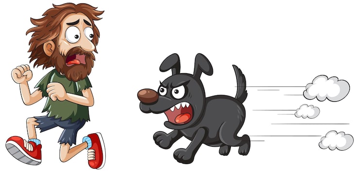 Kostenlose Foto cartoon-mann rennt vor wütendem hund weg