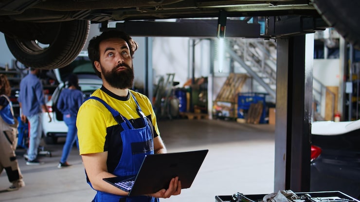 Kostenlose Foto ein repairer sucht online nach neuen autoteilen
