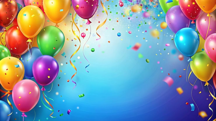 Kostenlose Foto farbige ballons und konfetti auf blauem hintergrund