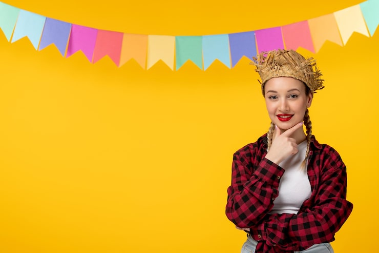 Kostenlose Foto festa junina blondes süßes mädchen im brasilianischen festival des strohhutes mit bunten fahnen, die glücklich lächeln