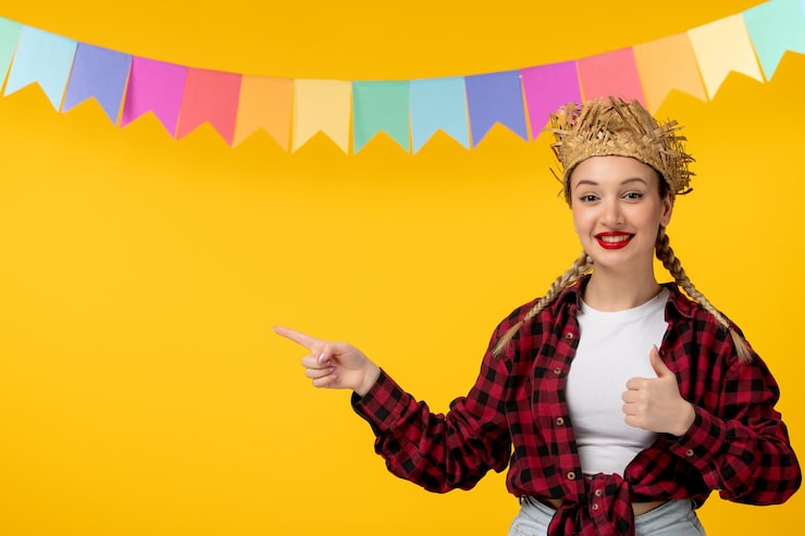 Kostenlose Foto festa junina blondes süßes mädchen im brasilianischen festival des strohhutes mit den bunten flaggen, die finger zeigen