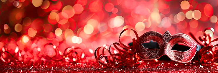 Kostenlose Foto hintergrund der karnevalsparty venezianische maske auf rotem glitzernden hintergrund kopierplatz