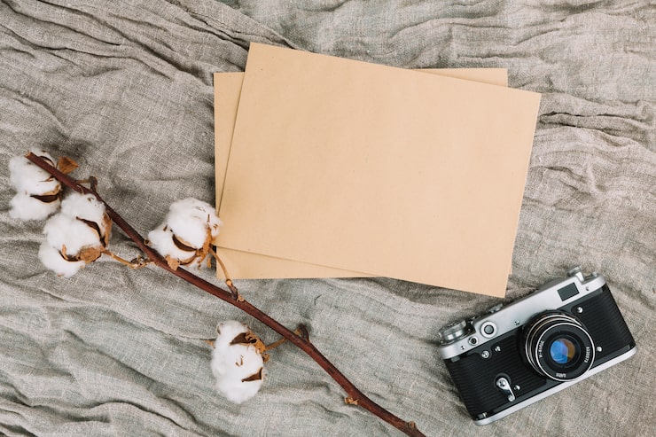 Kostenlose Foto kamera mit leerem papier und baumwollzweig