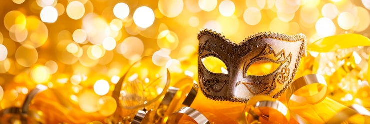 Kostenlose Foto karnevalsparty-hintergrundvenezianische maske auf gelbem glitzerhintergrund kopierraum