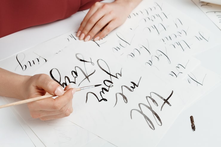 Kostenlose Foto mädchen, das kalligraphie auf postkarten schreibt. kunstdesign.