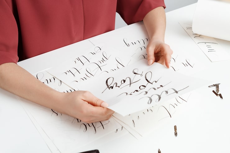 Kostenlose Foto mädchen, das kalligraphie auf postkarten schreibt. kunstdesign.