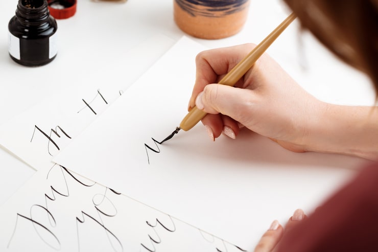 Kostenlose Foto mädchen, das kalligraphie auf postkarten schreibt. kunstdesign.