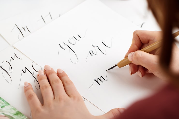 Kostenlose Foto mädchen, das kalligraphie auf postkarten schreibt. kunstdesign.