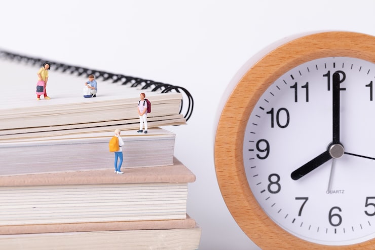Kostenlose Foto nahaufnahme von kleinen figuren von schülern, die auf lehrbüchern neben einer uhr stehen