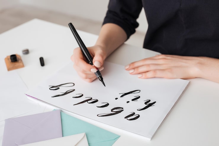 Kostenlose Foto porträt von jungen frauenhänden, die alphabet auf papier auf dem schreibtisch schreiben, isoliert