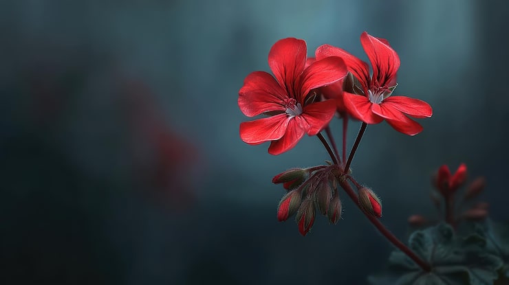 Kostenlose Foto rote geranienblüten auf dunklem hintergrund