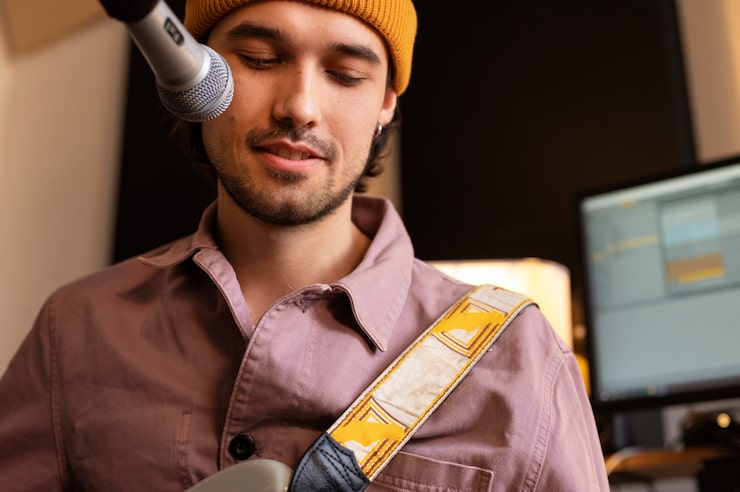 Kostenlose Foto vorderansichtmusiker, der im studio arbeitet