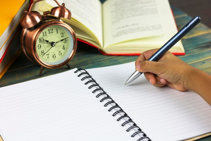 Foto abgeschnittene hand einer person mit buch und stift, die auf dem tisch sitzt