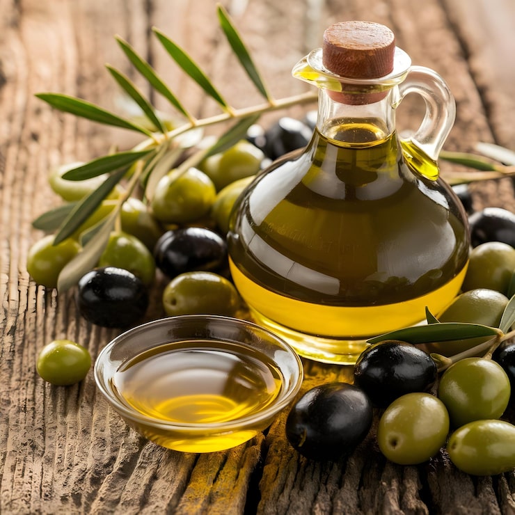 Foto aceite de oliva y aceitunas