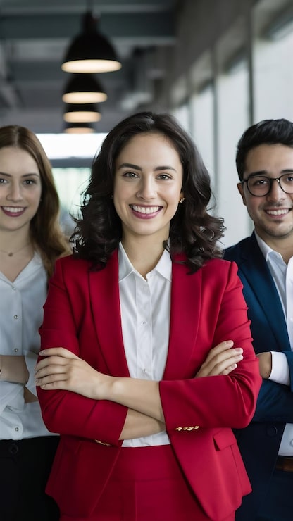 Foto alegre joven equipo de negocios satisfecho con lanzamiento de proyecto.