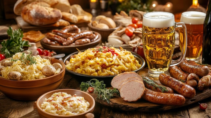 Foto alimentação tradicional alemã com salsicha de cerveja e chucrute