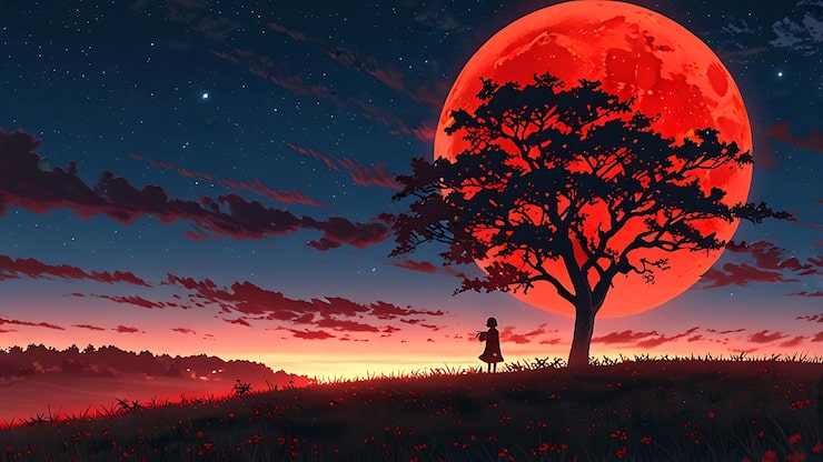 Foto árbol en el cielo con una luna roja en el fondo del anime