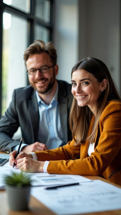 Foto un arquitecto y una mujer están sonriendo y escribiendo en un pedazo de papel