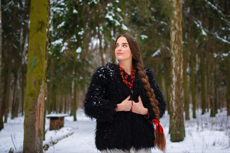 Foto bela garota de cabelos trançados extra longos em vestido tradicional ucraniano posando na floresta de inverno