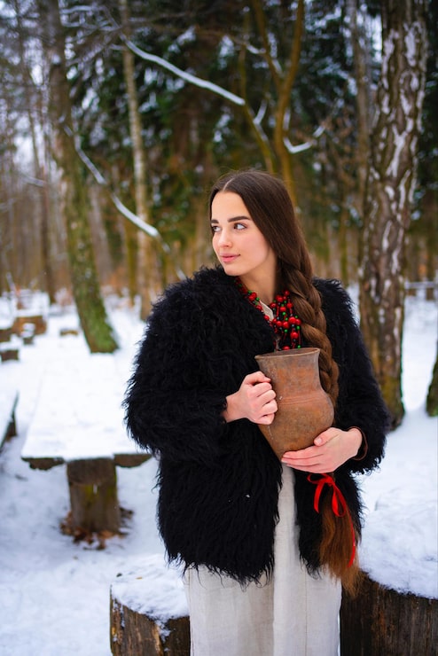 Foto bela garota de cabelos trançados extra longos em vestido tradicional ucraniano posando na floresta de inverno