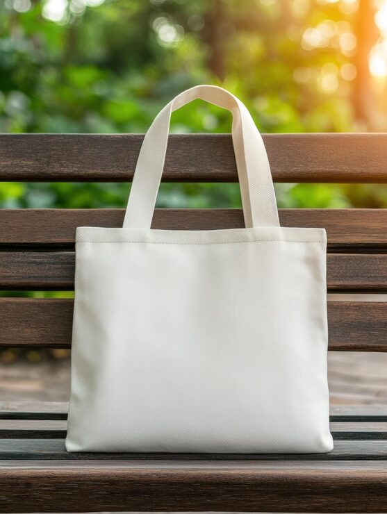 Foto una bolsa en blanco descansando en un banco en un parque sereno durante la puesta de sol