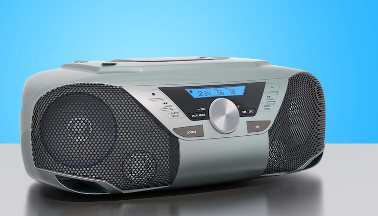 Foto boombox de cd moderno con radio estéreo amfm en la representación 3d del escritorio