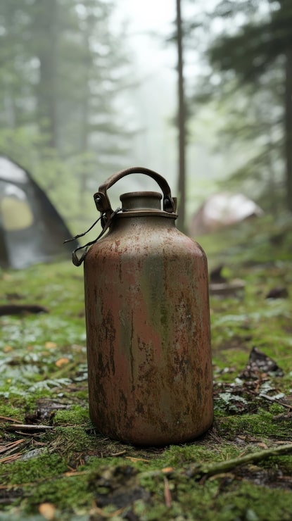 Foto una botella de agua metálica oxidada se encuentra en el suelo de un bosque