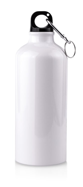 Foto la botella de agua termo inoxidable vacía blanca de cerca aislado sobre fondo blanco.