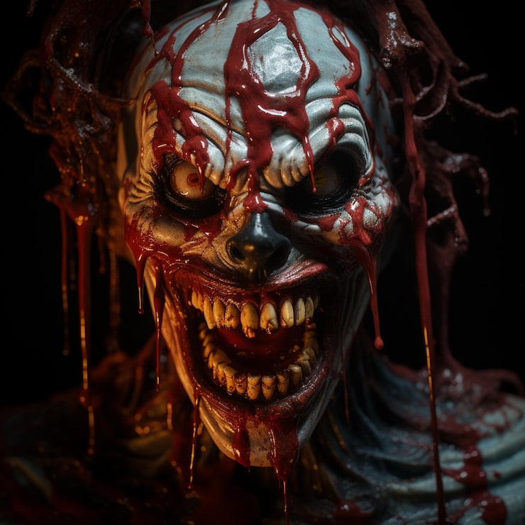 Foto la cabeza desgarrada de un payaso espeluznante con sangre goteando por ella generativa ai