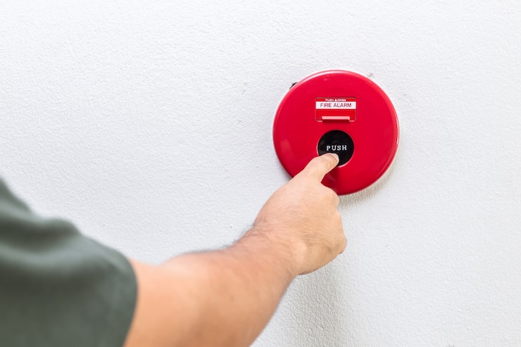 Foto cerrar una mano con el dedo presionando la alarma de incendio roja en la pared
