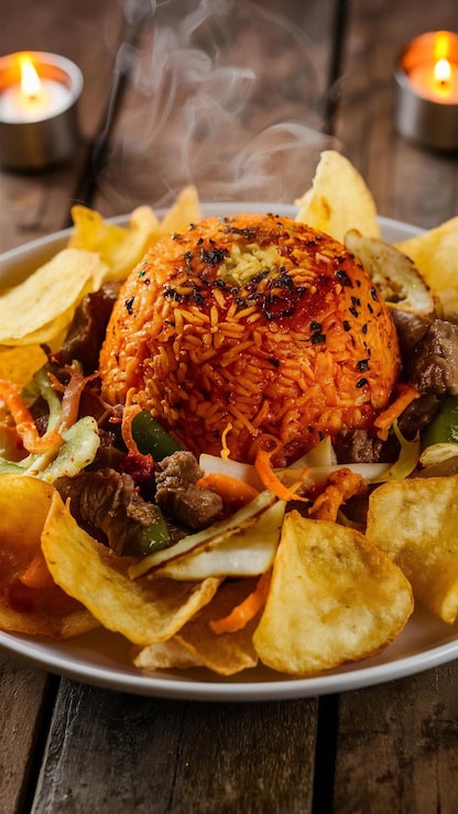 Foto close-up de arroz cozido picante com vegetais de carne e batatas fritas em um prato na mesa