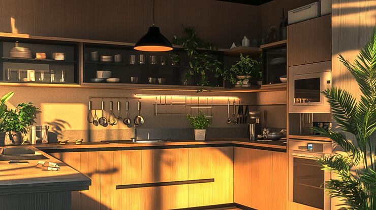 Foto cocina con un horno de estufa de fregadero y una planta en olla