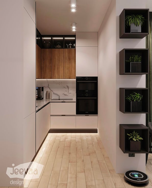 Foto una cocina con una silla blanca y una planta en la pared