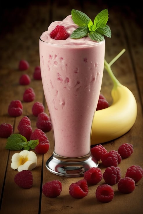 Foto cocktail de banana e framboesas frescas com iogurte