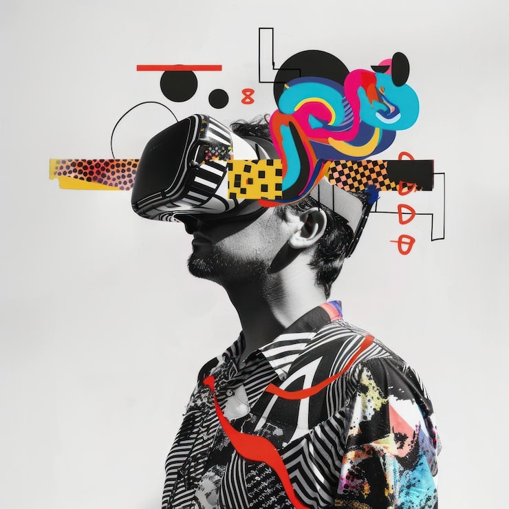 Foto colagem de papel de homem vestindo retrato de arte vr adulto